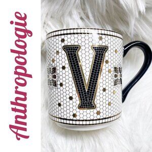 ANTHROPOLOGIE Bistro Tile Margo Ceramic Mug Coffee Tea With Monogram V Initial